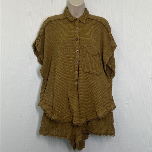 Free People - All Aboard Waffle Button Down Short Sleeve Short Romper Size Med - Picture 3 of 14